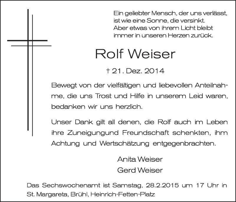  Traueranzeige für Rolf Weiser vom 18.02.2015 aus  Schlossbote/Werbekurier 