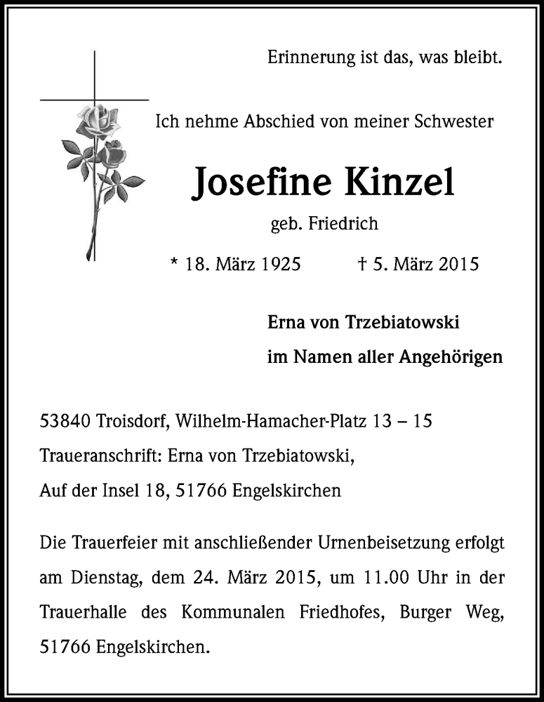  Traueranzeige für Josefine Kinzel vom 21.03.2015 aus Kölner Stadt-Anzeiger / Kölnische Rundschau / Express