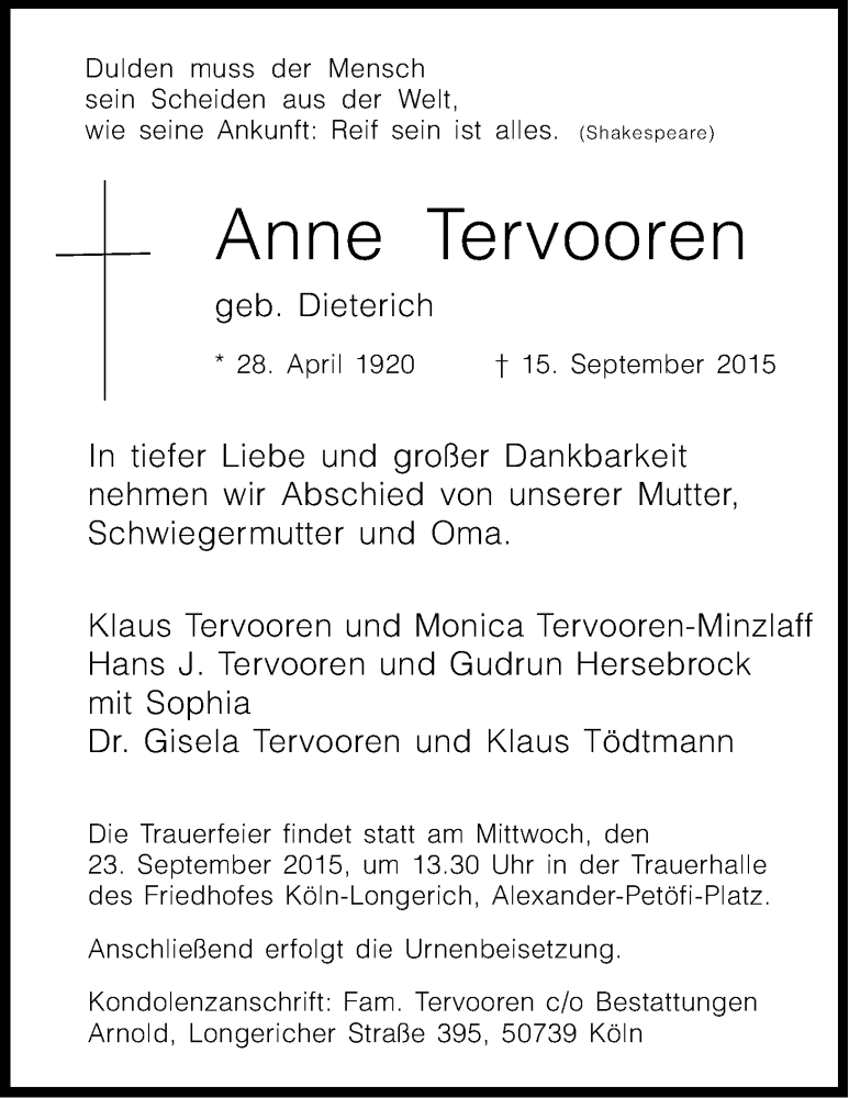  Traueranzeige für Anne Tervooren vom 19.09.2015 aus Kölner Stadt-Anzeiger / Kölnische Rundschau / Express