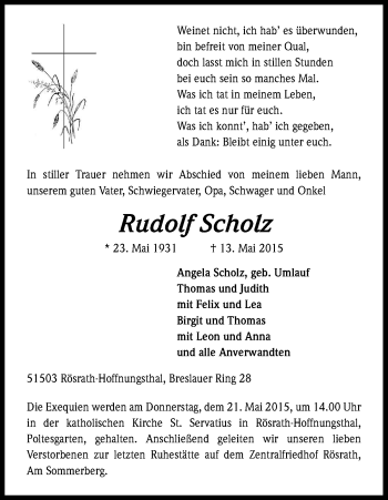 Anzeige von Rudolf Scholz von Kölner Stadt-Anzeiger / Kölnische Rundschau / Express