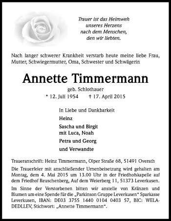 Anzeige von Annette Timmermann von Kölner Stadt-Anzeiger / Kölnische Rundschau / Express