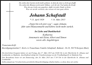 Anzeige von Johann Schafstall von Kölner Stadt-Anzeiger / Kölnische Rundschau / Express