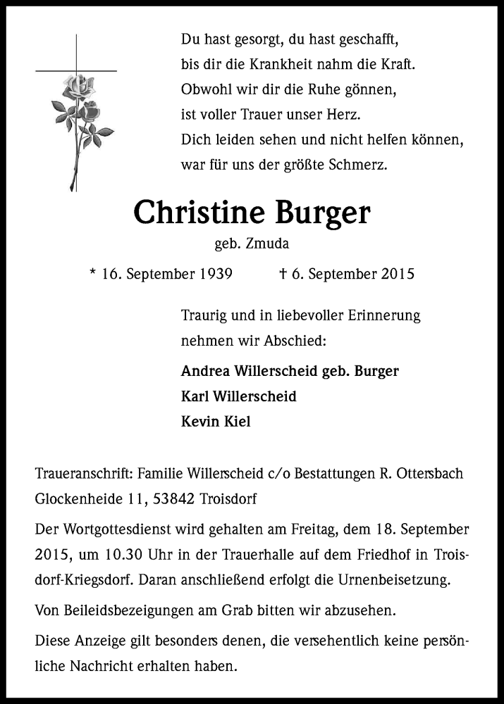 Traueranzeige für Christine Burger vom 12.09.2015 aus Kölner Stadt-Anzeiger / Kölnische Rundschau / Express