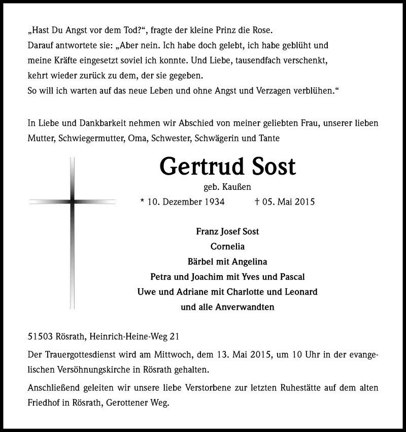  Traueranzeige für Gertrud Sost vom 09.05.2015 aus Kölner Stadt-Anzeiger / Kölnische Rundschau / Express