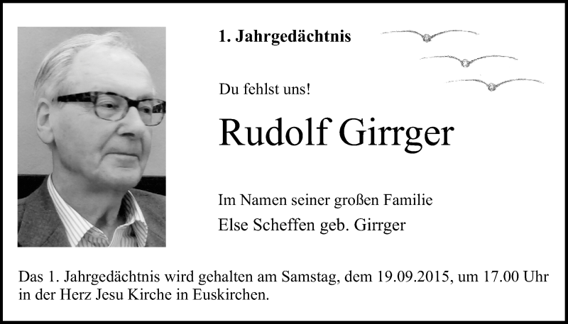  Traueranzeige für Rudolf Girrger vom 13.09.2015 aus  Blickpunkt Euskirchen 