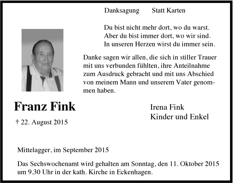  Traueranzeige für Franz Fink vom 23.09.2015 aus  Anzeigen Echo 
