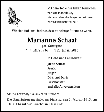 Anzeige von Marianne Schaaf von Kölner Stadt-Anzeiger / Kölnische Rundschau / Express