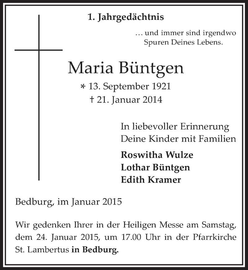  Traueranzeige für Maria Büntgen vom 21.01.2015 aus  Werbepost 