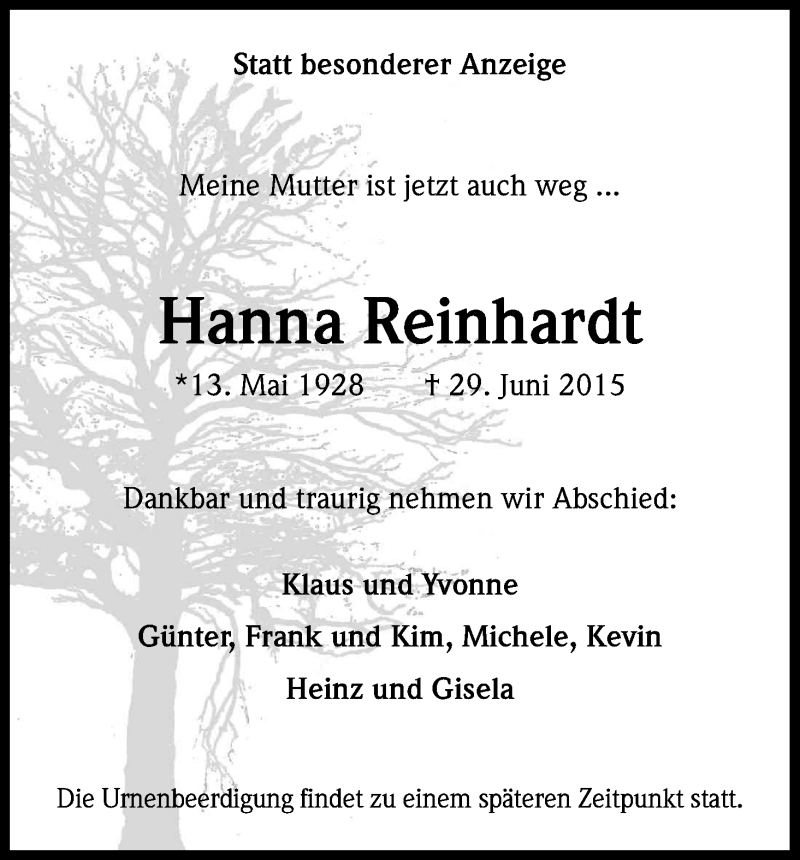  Traueranzeige für Hanna Reinhardt vom 01.08.2015 aus Kölner Stadt-Anzeiger / Kölnische Rundschau / Express