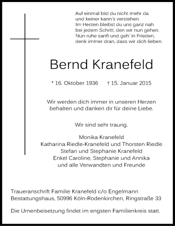 Anzeige von Bernd Kranefeld von Kölner Stadt-Anzeiger / Kölnische Rundschau / Express
