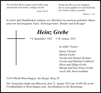 Anzeige von Heinz Grebe von Kölner Stadt-Anzeiger / Kölnische Rundschau / Express