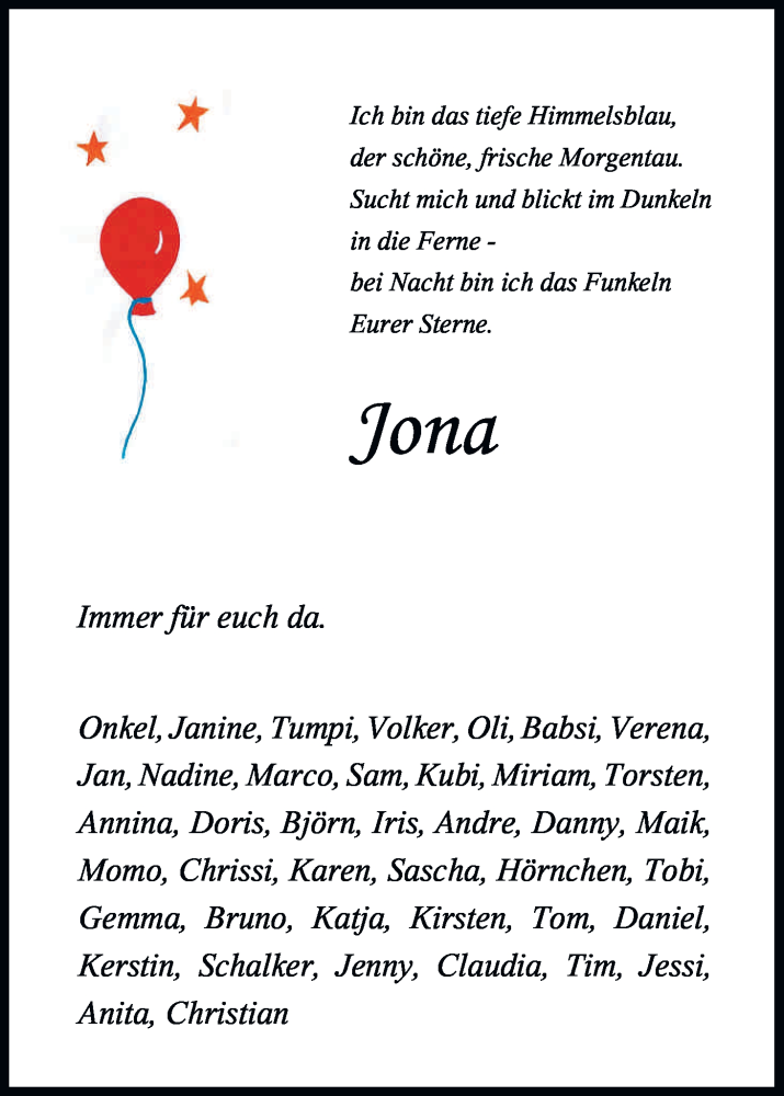  Traueranzeige für Jona  vom 01.07.2015 aus Kölner Stadt-Anzeiger / Kölnische Rundschau / Express