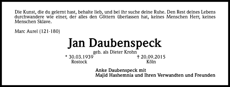  Traueranzeige für Jan Daubenspeck vom 26.09.2015 aus Kölner Stadt-Anzeiger / Kölnische Rundschau / Express