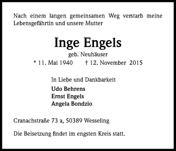Anzeige von Inge Engels von Kölner Stadt-Anzeiger / Kölnische Rundschau / Express