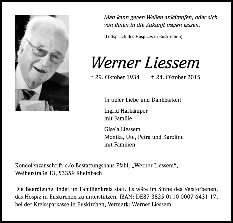  Traueranzeige für Werner Liessem vom 27.10.2015 aus Köln - Wir Trauern