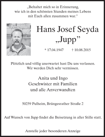 Anzeige von Hans Josef Seyda von  Sonntags-Post 