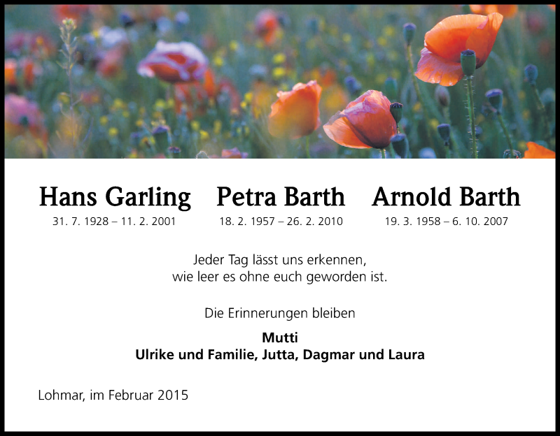  Traueranzeige für Hans Garling - Petra & Arnold Barth   vom 26.02.2015 aus Kölner Stadt-Anzeiger / Kölnische Rundschau / Express