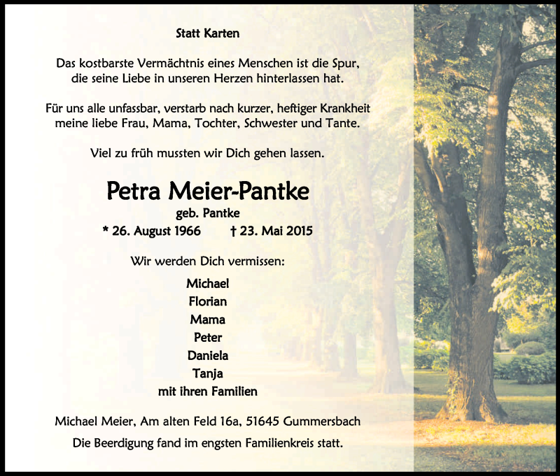  Traueranzeige für Petra Meier-Pantke vom 30.05.2015 aus Kölner Stadt-Anzeiger / Kölnische Rundschau / Express