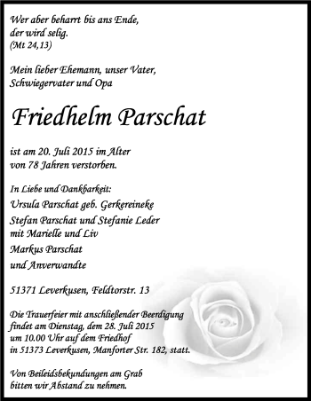 Anzeige von Friedhelm Parschat von Kölner Stadt-Anzeiger / Kölnische Rundschau / Express