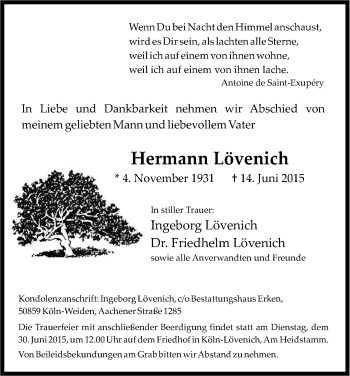 Anzeige von Hermann Lövenich von Kölner Stadt-Anzeiger / Kölnische Rundschau / Express