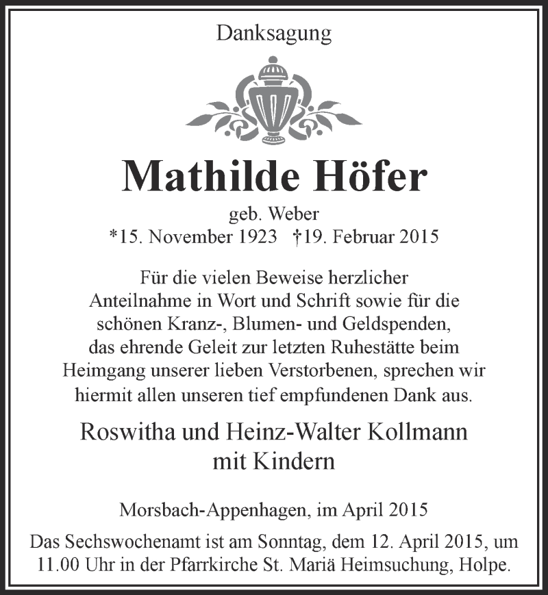  Traueranzeige für Mathilde Höfer vom 08.04.2015 aus  Lokalanzeiger 