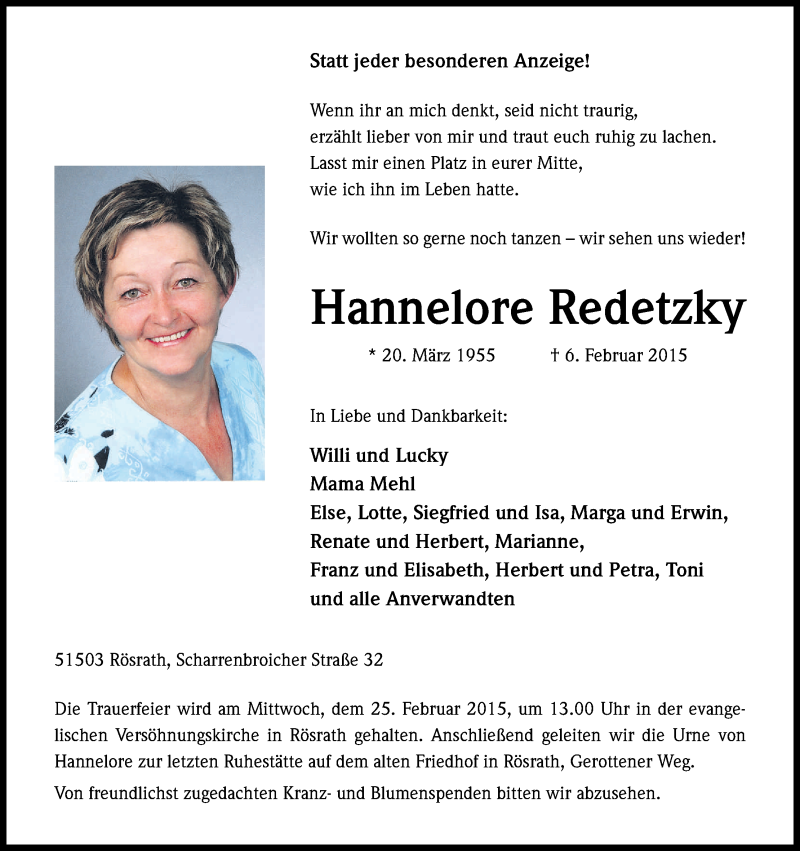  Traueranzeige für Hannelore Redetzky vom 21.02.2015 aus Kölner Stadt-Anzeiger / Kölnische Rundschau / Express