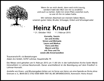Anzeige von Heinz Knauf von Kölner Stadt-Anzeiger / Kölnische Rundschau / Express
