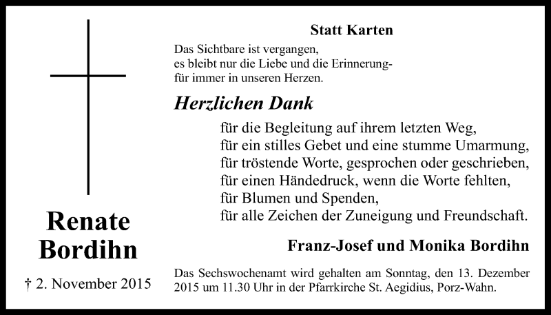  Traueranzeige für Renate Bordihn vom 02.12.2015 aus  Kölner Wochenspiegel 