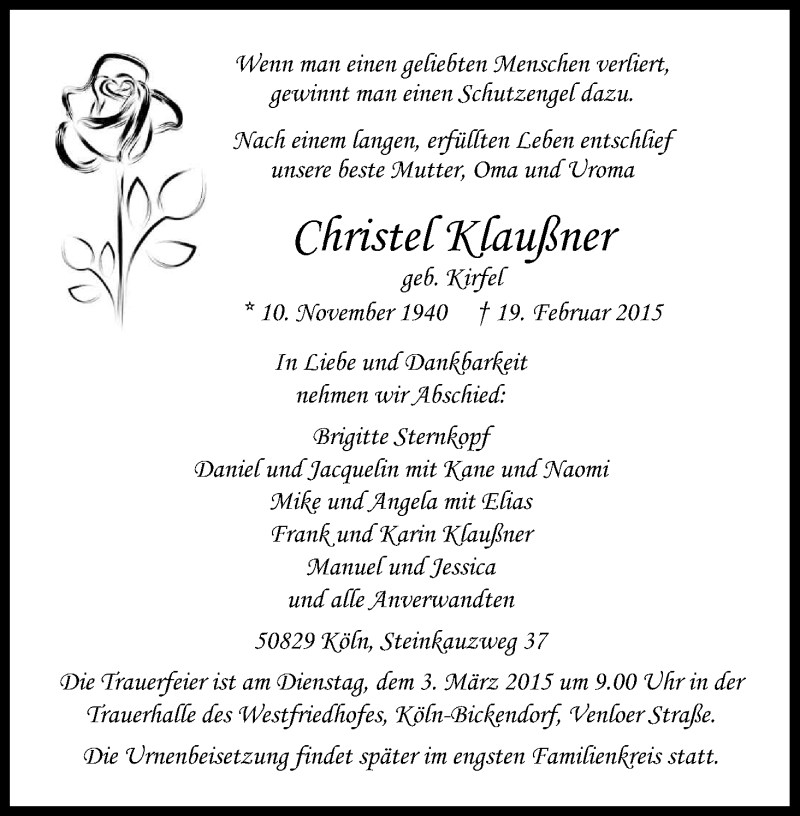  Traueranzeige für Christel Klaußner vom 28.02.2015 aus Kölner Stadt-Anzeiger / Kölnische Rundschau / Express