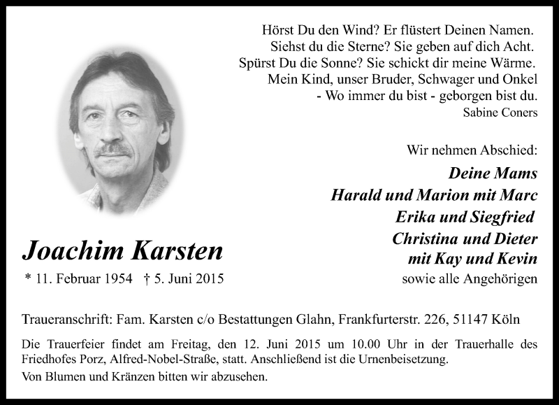  Traueranzeige für Joachim Karsten vom 10.06.2015 aus  Kölner Wochenspiegel 