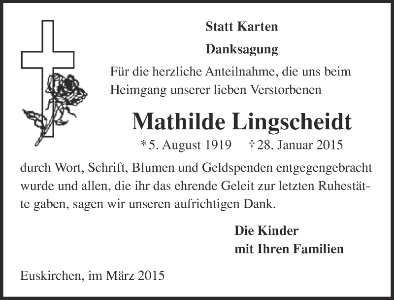  Traueranzeige für Mathilde Lingscheidt vom 15.03.2015 aus  Blickpunkt Euskirchen 