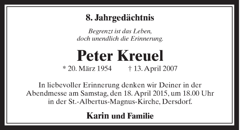  Traueranzeige für Peter Kreuel vom 15.04.2015 aus  Schaufenster/Blickpunkt 