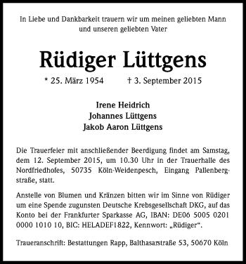 Anzeige von Rüdiger Lütgens von Kölner Stadt-Anzeiger / Kölnische Rundschau / Express
