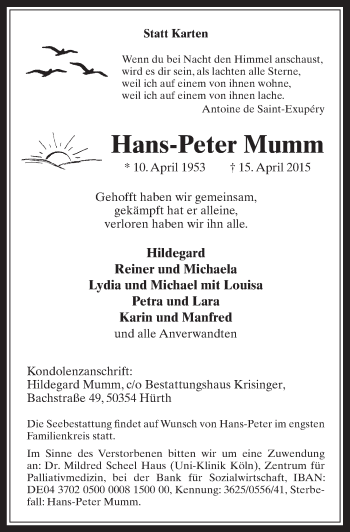 Anzeige von Hans-Peter Mumm von  Wochenende 