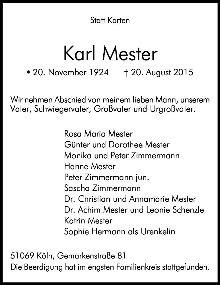  Traueranzeige für Karl Mester vom 29.08.2015 aus Kölner Stadt-Anzeiger / Kölnische Rundschau / Express