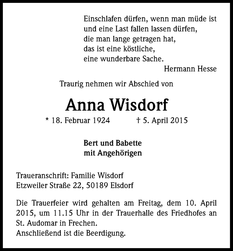  Traueranzeige für Anna Wisdorf vom 08.04.2015 aus Kölner Stadt-Anzeiger / Kölnische Rundschau / Express
