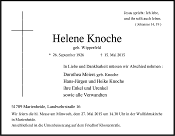 Anzeige von Helene Knoche von Kölner Stadt-Anzeiger / Kölnische Rundschau / Express