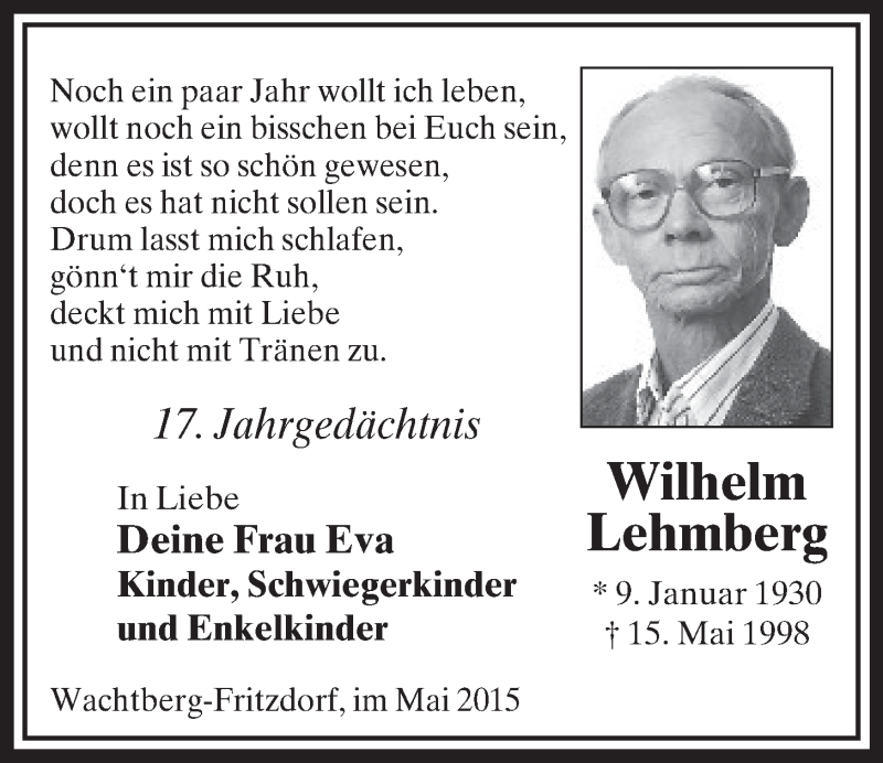  Traueranzeige für Wilhelm Lehmberg vom 13.05.2015 aus  Schaufenster/Blickpunkt 
