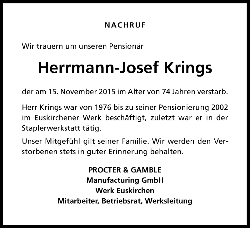  Traueranzeige für Hermann-Josef Krings vom 25.11.2015 aus Kölner Stadt-Anzeiger / Kölnische Rundschau / Express