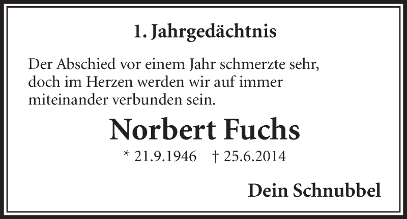 Traueranzeige für Norbert Fuchs vom 08.07.2015 aus  Schlossbote/Werbekurier 