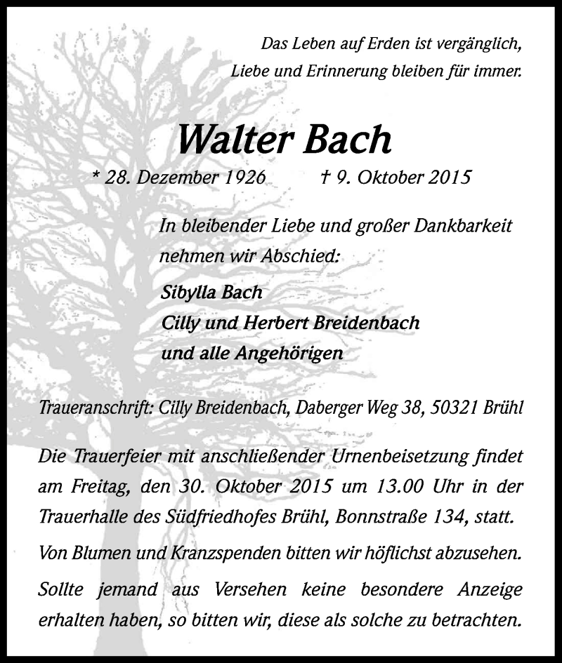  Traueranzeige für Walter Bach vom 24.10.2015 aus Kölner Stadt-Anzeiger / Kölnische Rundschau / Express