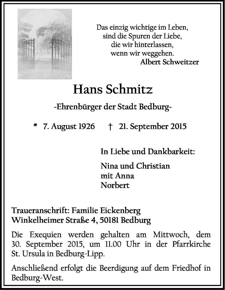  Traueranzeige für Hans Schmitz vom 26.09.2015 aus Kölner Stadt-Anzeiger / Kölnische Rundschau / Express
