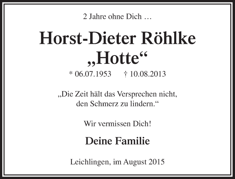  Traueranzeige für Horst-Dieter Röhlke vom 08.08.2015 aus  Leverkusener Wochenende 