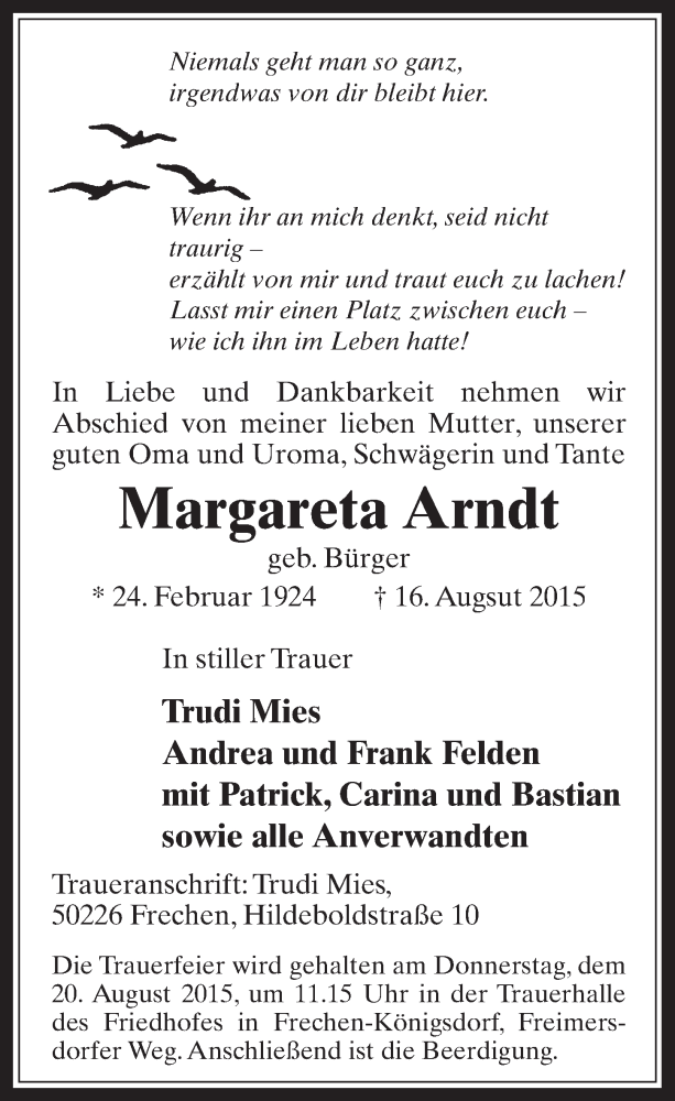  Traueranzeige für Margareta Arndt vom 19.08.2015 aus  Wochenende 