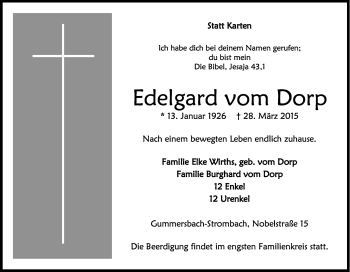 Anzeige von Edelgard vom Dorp von Kölner Stadt-Anzeiger / Kölnische Rundschau / Express