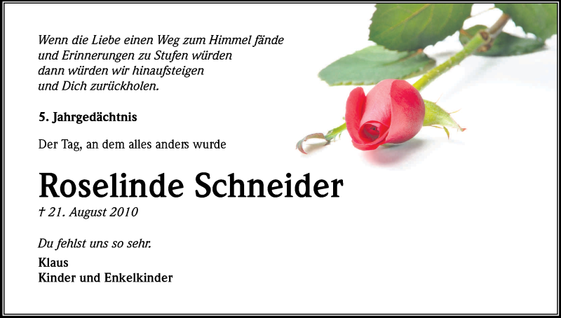  Traueranzeige für Roselinde Schneider vom 22.08.2015 aus Kölner Stadt-Anzeiger / Kölnische Rundschau / Express