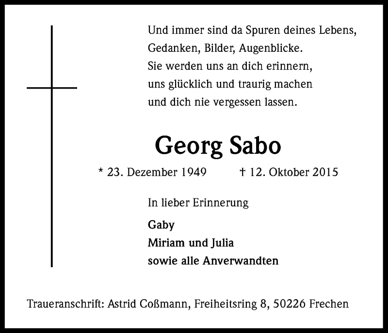  Traueranzeige für Georg Sabo vom 17.10.2015 aus Kölner Stadt-Anzeiger / Kölnische Rundschau / Express