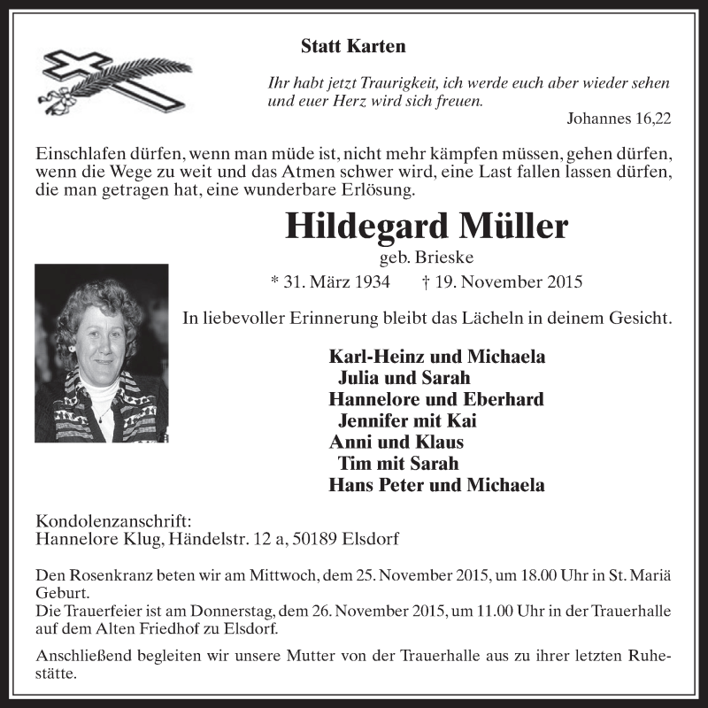  Traueranzeige für Hildegard Müller vom 25.11.2015 aus  Werbepost 