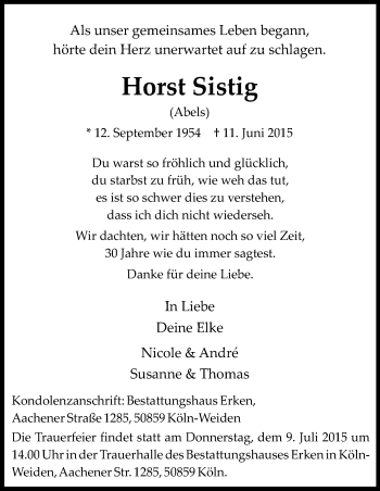 Anzeige von Horst Sistig von Kölner Stadt-Anzeiger / Kölnische Rundschau / Express