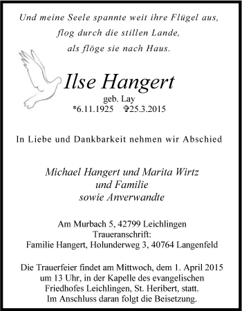 Anzeige von Ilse Hangert von Kölner Stadt-Anzeiger / Kölnische Rundschau / Express